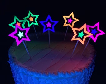 Neon Star Cake Decoration, Glow in the Dark Cake Topper, Glow Party Supply, Cupcake Decor, Black Light Party Supply, UV Reflective Stars