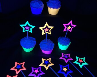 Glow in the Dark Neon Star 12 Cupcake Toppers, Glow Party Supply, Cupcake Decor, Black Light Decoration, Fluorescent UV Reflective Stars