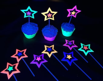 Glow in the Dark Neon Star 12 Cupcake Toppers, Glow Party Supply, Cupcake Decor, Black Light Decoration, Fluorescent UV Reflective Stars