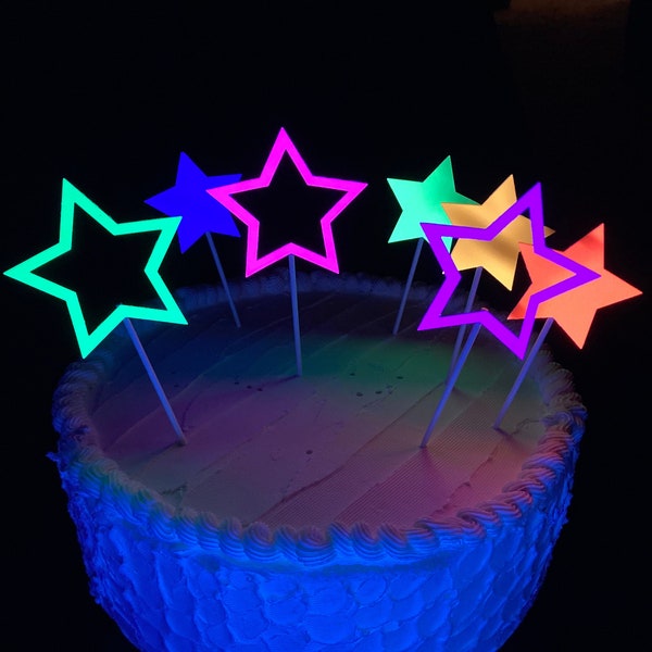 Neon Star Cake Decoration, Glow in the Dark Cake Topper, Glow Party Supply, Cupcake Decor, Black Light Party Supply, UV Reflective Stars