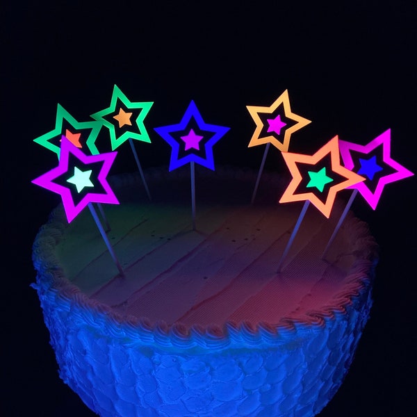 Neon Star Cake Decoration, Glow in the Dark Cake Topper, Glow Party Supply, Cupcake Decor, Black Light Party Supply, UV Reflective Stars