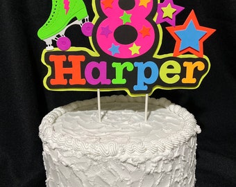 Roller Skate Birthday Party Cake Topper, Neon Cake Decoration, Skate Glow Party Birthday Decor, Personalized Name Age Topper, Child Birthday