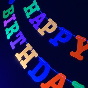 May include: A colorful "Happy Birthday" banner with neon-colored letters and a string of colorful circles.