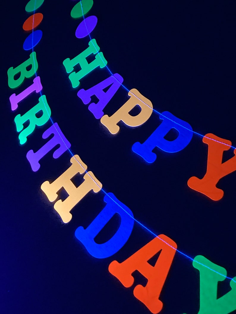 May include: A colorful "Happy Birthday" banner with neon-colored letters and a string of colorful circles.