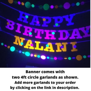 Glow Party Birthday Banner, Neon fluorescent birthday banner with garlands, UV Reflective Birthday Banner, Glow Party Decor image 2