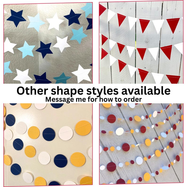 Peut inclure: Plusieurs guirlandes d&eacute;coratives en papier de diff&eacute;rentes formes et couleurs. Les guirlandes comprennent des motifs en forme d'&eacute;toiles, de triangles et de cercles dans des tons de bleu, blanc, rouge, jaune et marron. Le texte sur l'image indique : "Other shape styles available. Message me for how to order."