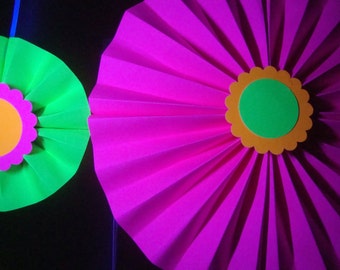 Glow Party Backdrop, Neon Paper Medallions, Sweet 16 Glow Party Decor, Neon Wall Hanging, Glow Paper Rosettes, Neon Paper Fans, 80s Party