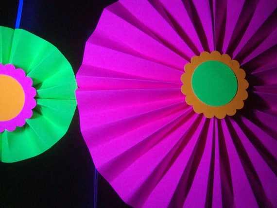 Glow Party Backdrop, Neon Paper Medallions, Sweet 16 Glow Party Decor, Neon Wall Hanging, Glow Paper Rosettes, Neon Paper Fans, 80s Party Il_570xn