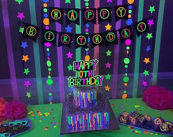 Glow Party Package, Glow Birthday Party, Neon Backdrop, Party Decor Set, Neon Cake Topper, Black Light Party Decorations, Birthday Banner
