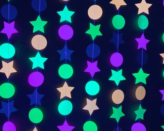 Glow Party Decorations, Neon Star Circle Garland, Black Light Party Decor, Fluorescent Garland, Sweet 16 Glow Party, 80s Party, Skate Party