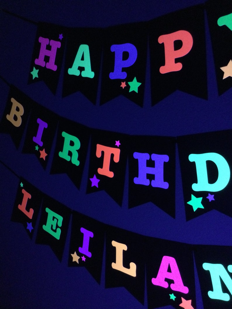 Neon Star Birthday Banner, Glow Party, Personalized Banner, Glow in the Dark Sign, UV Reflective, Black Light Decor, 80s Party, Skate Party image 6