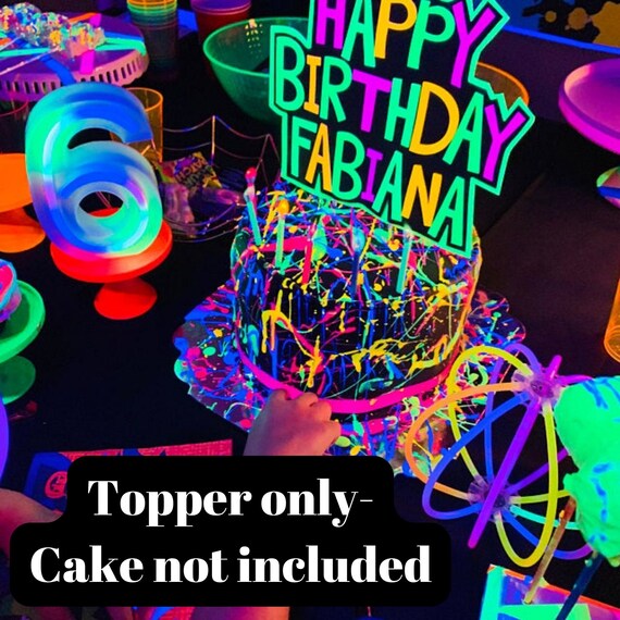 Glow Party Cake Topper, Neon Birthday Cake Topper, Personalized Cake Topper, UV Reflective Cake Decoration, Fluorescent Neon Cake Decor Il_570xn