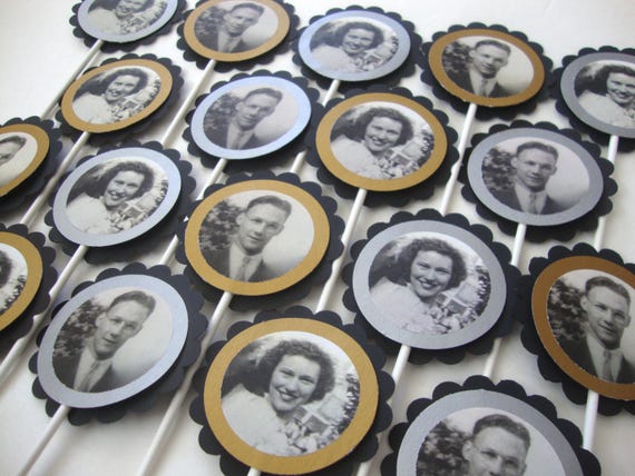 Photo Cupcake Toppers, Custom Photo Topper, Anniversary Party, Black Gold Silver, Anniversary Decoration, 50th Anniversary, 25th Anniversary Il_570xn