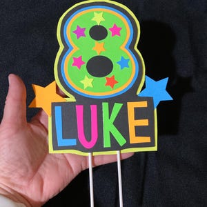Puede incluir: Un adorno para pastel de color verde ne&oacute;n y negro con el n&uacute;mero 8 y el nombre "LUKE" en letras de colores. El n&uacute;mero 8 est&aacute; rodeado de estrellas de colores. El adorno est&aacute; en dos palos blancos.