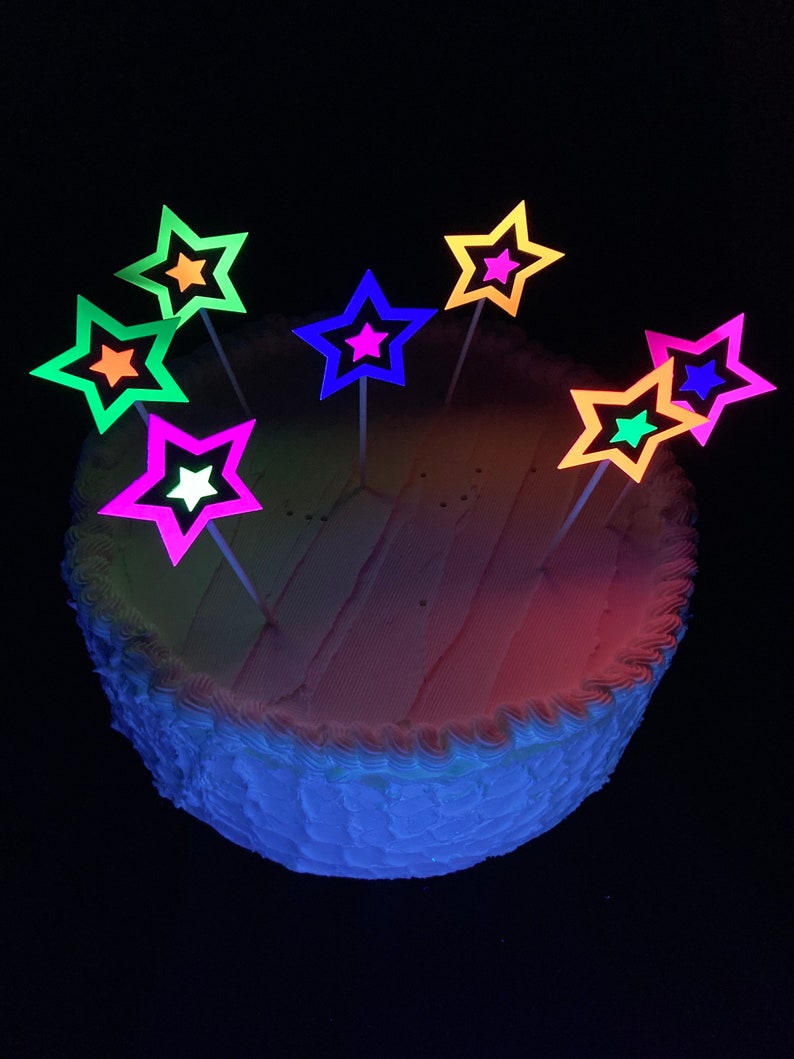 Neon Star Cake Decoration, Glow in the Dark Cake Topper, Glow Party Supply, Cupcake Decor, Black Light Party Supply, UV Reflective Stars image 6