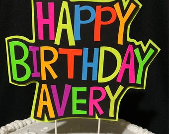 Glow Party Cake Topper, Colorful Neon Birthday Cake, Personalized Birthday Cake, UV Reflective Decoration, Fluorescent Black Light Decor