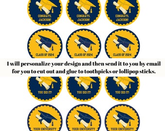 University of California Printable Navy and Gold Graduation Cupcake Toppers, DIY Grad Toppers, Personalized Grad Celebration, Blue and Gold