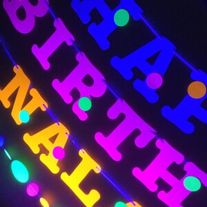 Glow Party Birthday Banner, Neon fluorescent birthday banner with garlands, UV Reflective Birthday Banner, Glow Party Decor image 8