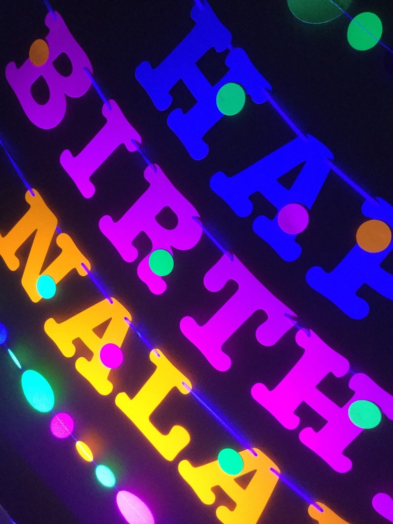 Glow Party Birthday Banner, Neon fluorescent birthday banner with garlands, UV Reflective Birthday Banner, Glow Party Decor image 8