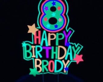 Personalized Topper, Glow Party Cake, Neon Birthday Cake Decor, Birthday Decoration, Glow in the Dark Supplies, Neon Party, Skate Party