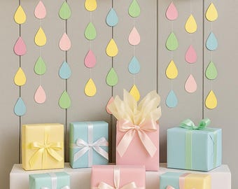 Decoración para baby shower en tonos pastel, decoración para fiesta de bienvenida del bebé, guirnalda de gotas de lluvia, fondo para baby shower, fiesta del Arca de Noé, baby shower en tonos neutros