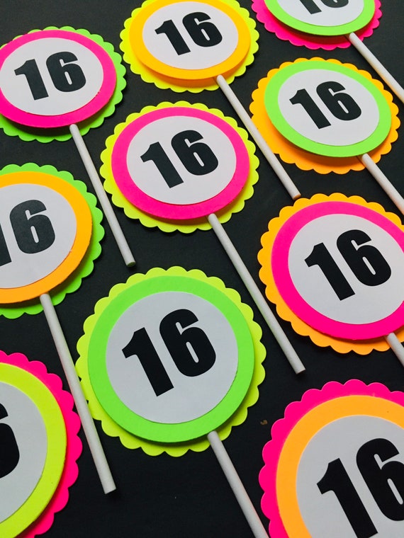 Sweet 16 Glow Party Toppers, Neon Cupcake Toppers, Glow Party, Glow Party Cupcake Decoration, Fluorescent Toppers, Birthday Number Topper Il_570xn