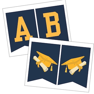 May include: Navy blue graduation banner with gold letters "AB" and two banners with gold mortarboards and diplomas. The banners are white with a navy blue background and are perfect for a graduation party.