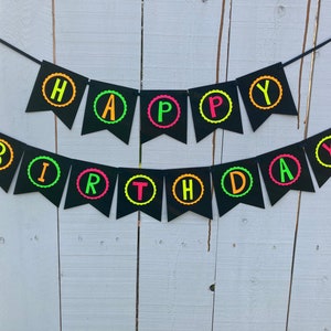 Neon Birthday Banner, Glow Party Banner, 80s Birthday Party, Black Light Party, Sweet 16 Glow Party, 80s Party, Retro Birthday, Skate Party image 3