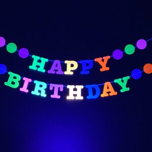 May include: A neon green, yellow, pink, blue, and orange "Happy Birthday" banner with colorful circle decorations.