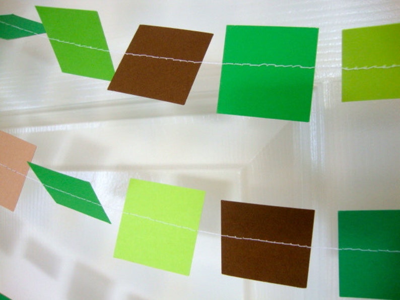 Video Pixel Birthday Decoration Gamer Birthday Party Decor Minecraft-Colored Birthday Garland Green and Brown Square Party Garland