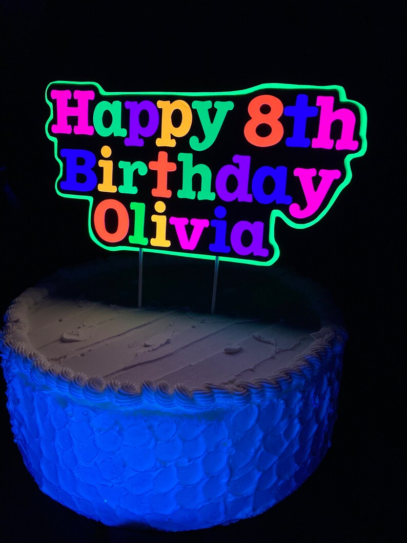 Bright Neon Personalized Glow Birthday Party Cake Topper, Customized Black Light Party Centerpiece, Cake Ornament Decoration, Happy Birthday image 7