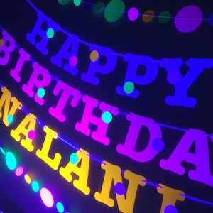 Glow Party Birthday Banner, Neon fluorescent birthday banner with garlands, UV Reflective Birthday Banner, Glow Party Decor image 1