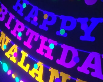 Glow Party Birthday Banner, Neon fluorescent birthday banner with garlands, UV Reflective Birthday Banner, Glow Party Decor