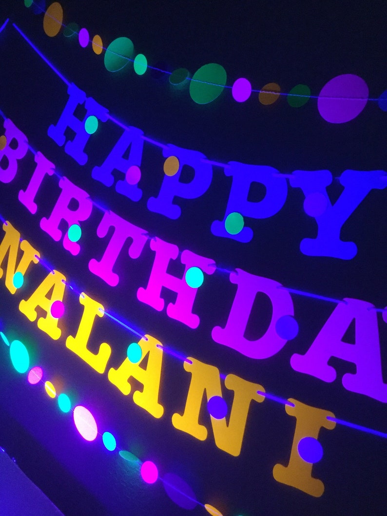 Glow Party Birthday Banner, Neon fluorescent birthday banner with garlands, UV Reflective Birthday Banner, Glow Party Decor image 1