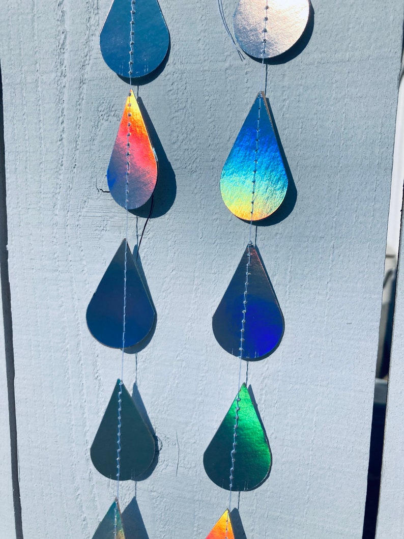 Iridescent Raindrop Garland, Holographic, Baby Sprinkle Decor, Baby Shower Decoration, Gender Reveal Shower, Shimmer Raindrops, Silver Rain image 6