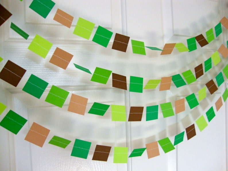 Video Pixel Birthday Decoration Gamer Birthday Party Decor Minecraft-Colored Birthday Garland Green and Brown Square Party Garland