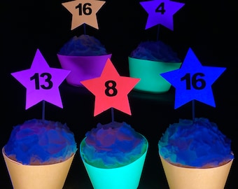 12 décorations pour cupcakes étoiles néon, décoration phosphorescente, fournitures de fête phosphorescentes, décoration de cupcakes, soirée lumière noire, étoiles réfléchissantes UV, décoration d'âge