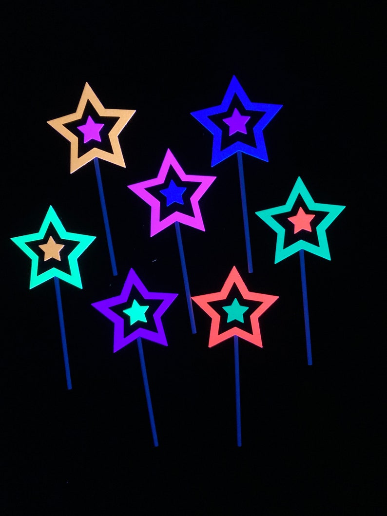 Neon Star Cake Decoration, Glow in the Dark Cake Topper, Glow Party Supply, Cupcake Decor, Black Light Party Supply, UV Reflective Stars image 2