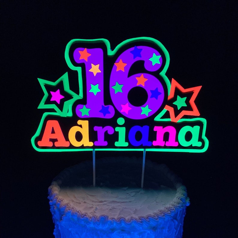 Glow Party Cake Topper, Neon Cake Topper, Birthday Cake Decor, Personalized Topper, Name Topper, Age Topper, Glow Party Decorations image 1