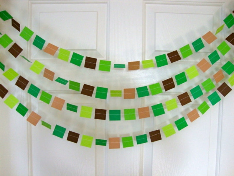 Video Pixel Birthday Decoration Gamer Birthday Party Decor Minecraft-Colored Birthday Garland Green and Brown Square Party Garland