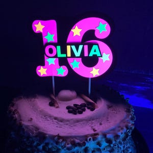 Glow Party Cake Topper, Neon Pink Personalized Sweet 16 Cake Decor, Custom Black Light Centerpiece with Name and Age, Cool Teen Birthday