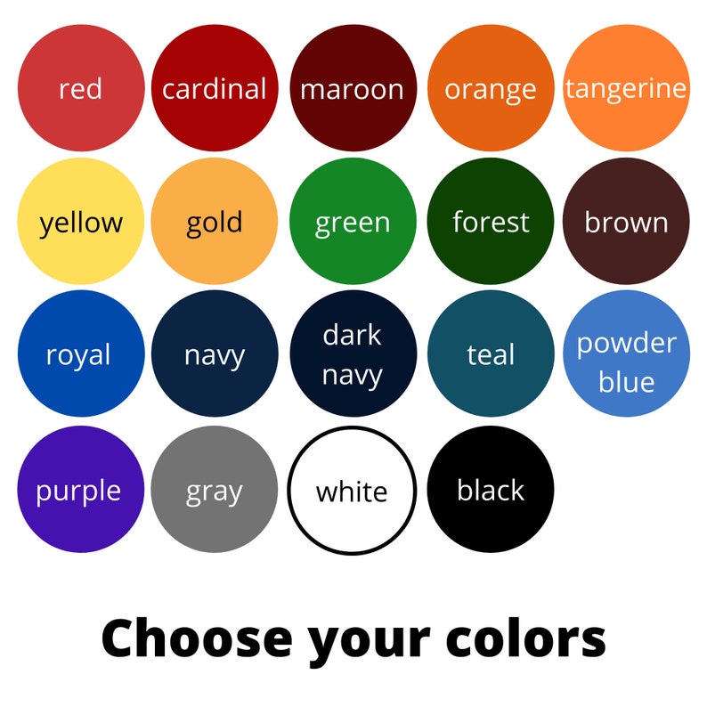 Peut inclure: Un nuancier avec 20 cercles de diff&eacute;rentes couleurs, dont le rouge, le jaune, le vert, le bleu et le noir. Chaque cercle porte un nom de couleur en texte blanc. Le texte "Choisissez vos couleurs" est en bas.