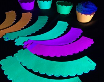 Neon Cupcake Decor, One Dozen Standard Cupcake Wrappers, Glow in the Dark Party, Fluorescent Party Decor, Black Light Party, UV Reflective