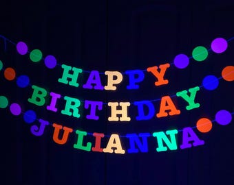 Bright Fluorescent Glow Party Banner, Neon Happy Birthday Sign, UV Reflective Decor, 80s Theme Party, Sweet 16 Glow in the Dark Party Supply
