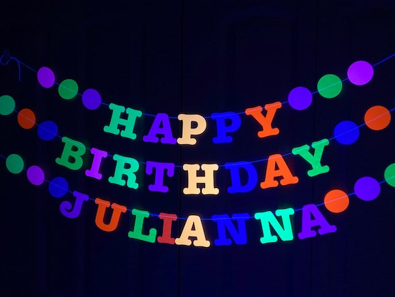 Bright Fluorescent Glow Party Banner, Neon Happy Birthday Sign, UV Reflective Decor, 80s Theme Party, Sweet 16 Glow in the Dark Party Supply
