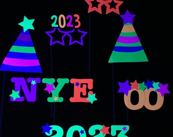 New Years Eve Glow Party Props, Glow in the Dark, Photo Booth Props, Glow Glasses, Glow Hats, Neon Signs, NYE Party, Set of Photo Props