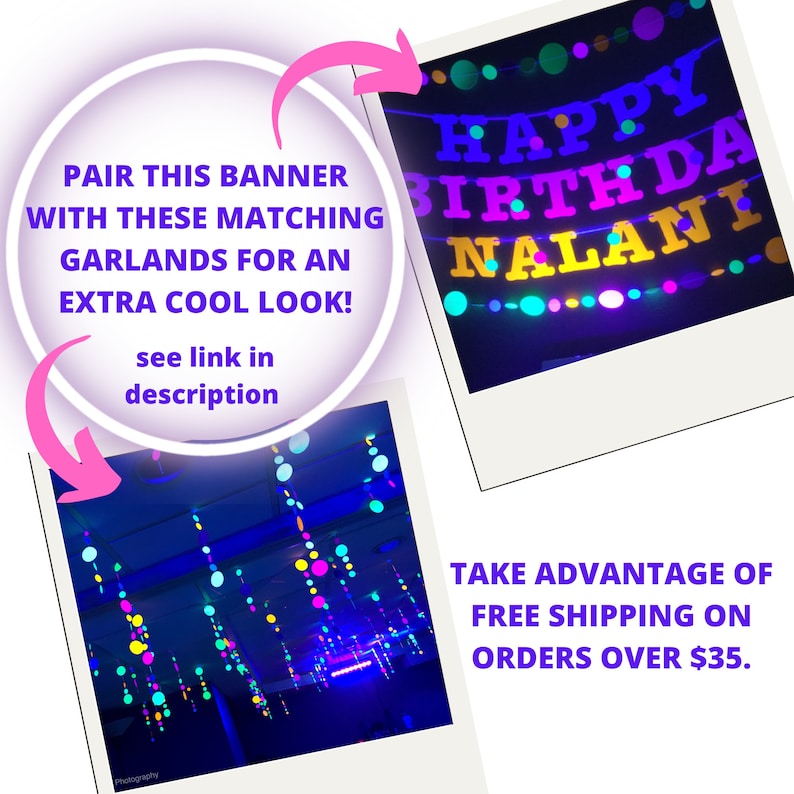 Glow Party Birthday Banner, Neon fluorescent birthday banner with garlands, UV Reflective Birthday Banner, Glow Party Decor image 3