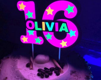 Glow Party Cake Topper, Neon Pink Personalized Sweet 16 Cake Decor, Custom Black Light Centerpiece with Name and Age, Cool Teen Birthday