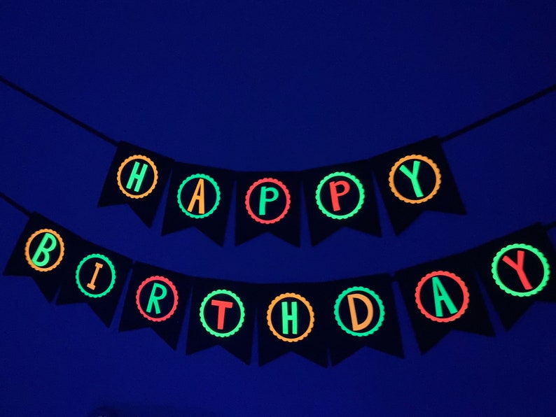 Neon Birthday Banner, Glow Party Banner, 80s Birthday Party, Black Light Party, Sweet 16 Glow Party, 80s Party, Retro Birthday, Skate Party image 1