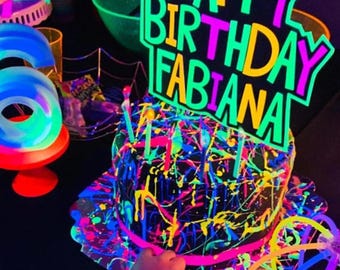 Glow Party Cake Topper, Neon Birthday Cake Topper, Personalized Cake Topper, UV Reflective Cake Decoration, Fluorescent Neon Cake Decor